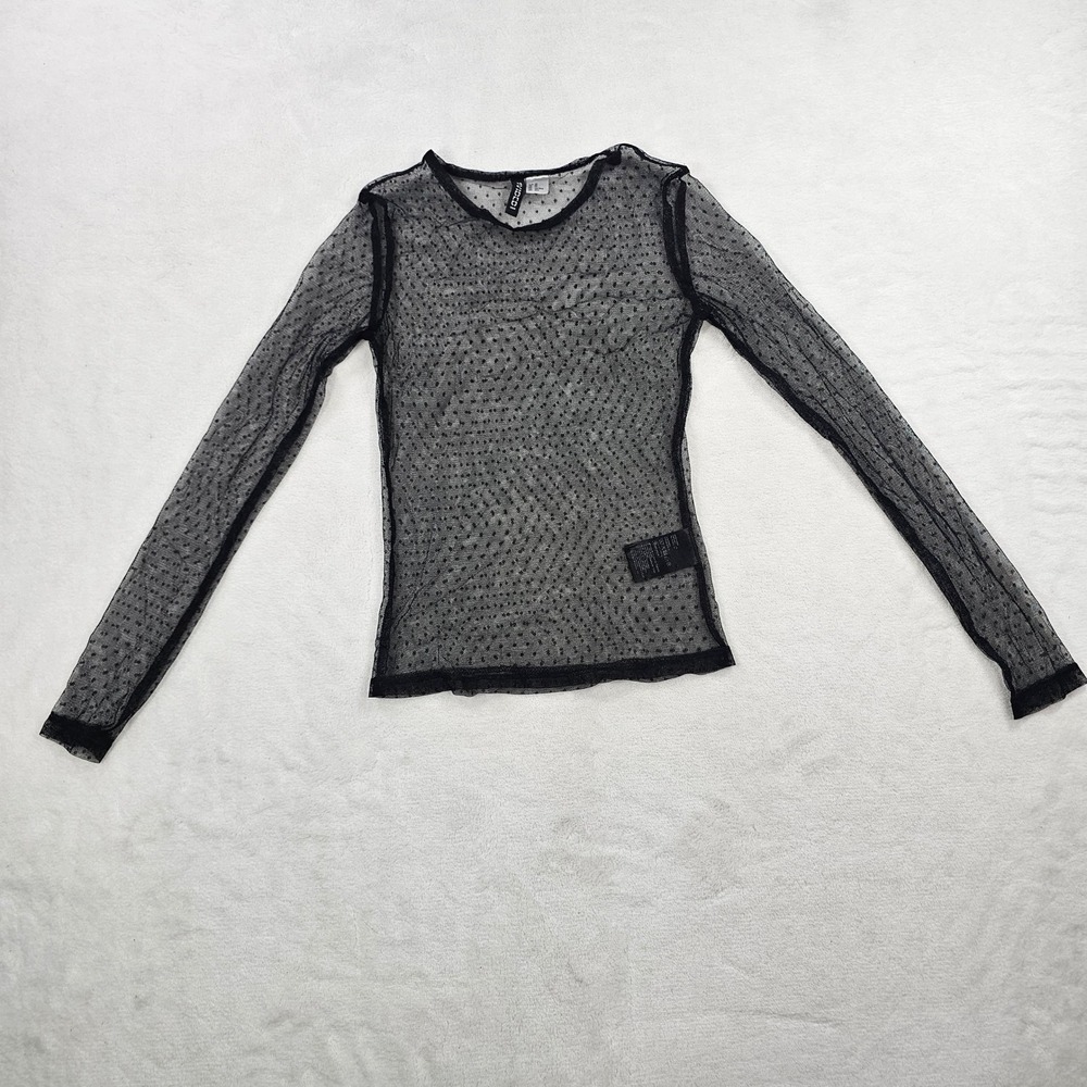 H&M Divided Mesh Top Womens XS Black Excellent Swiss Dot Sheer Long Sleeve